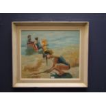 Studio framed oil paainting of a beach scene with children at play signed 49.5x59.5cm