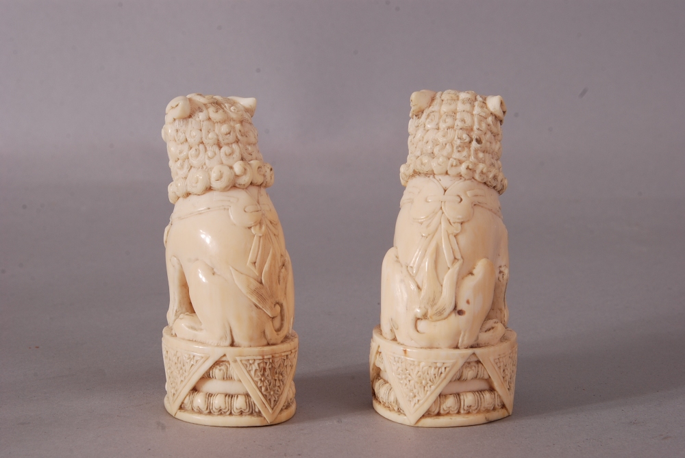Pair of C18th/19th Chinese ivory Buddhist lions, modelled seated on its haunches and wearing a - Image 2 of 3
