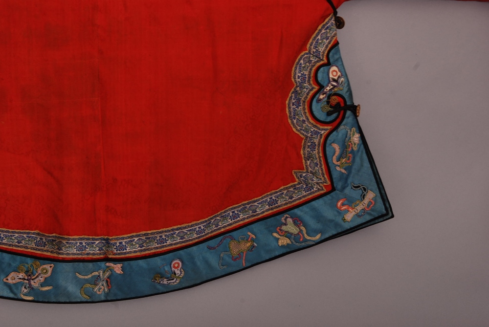 C19th Chinese lady's red silk robe, trimmed in blue and embroidered with auspicious objects, 120cm - Image 8 of 13