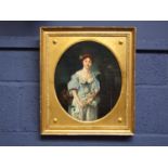 C19th French oil on wood panel "portrait of a young lady" 3/4 length oval 36x30 in gilt frame