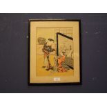 F&G Japanese woodcut portrait of 2 Geisha's, 1 holding a cloth garment signed & inscribed on verso