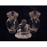 Pair of C18th/19th Chinese rock crystal vases, applied with three ruyi-head handles, 8.8cm high;