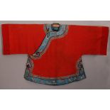 C19th Chinese lady's red silk robe, trimmed in blue and embroidered with auspicious objects, 120cm