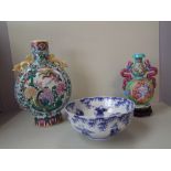 Chinese moon flask, ornamental Chinese 2 handled vase, blue & white Chinese bowl