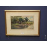 Early C19/20th gilt framed country watercolour scene with cattle in a stream signed 20.5x34.5cm