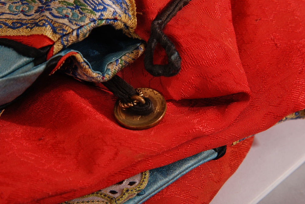 C19th Chinese lady's red silk robe, trimmed in blue and embroidered with auspicious objects, 120cm - Image 13 of 13
