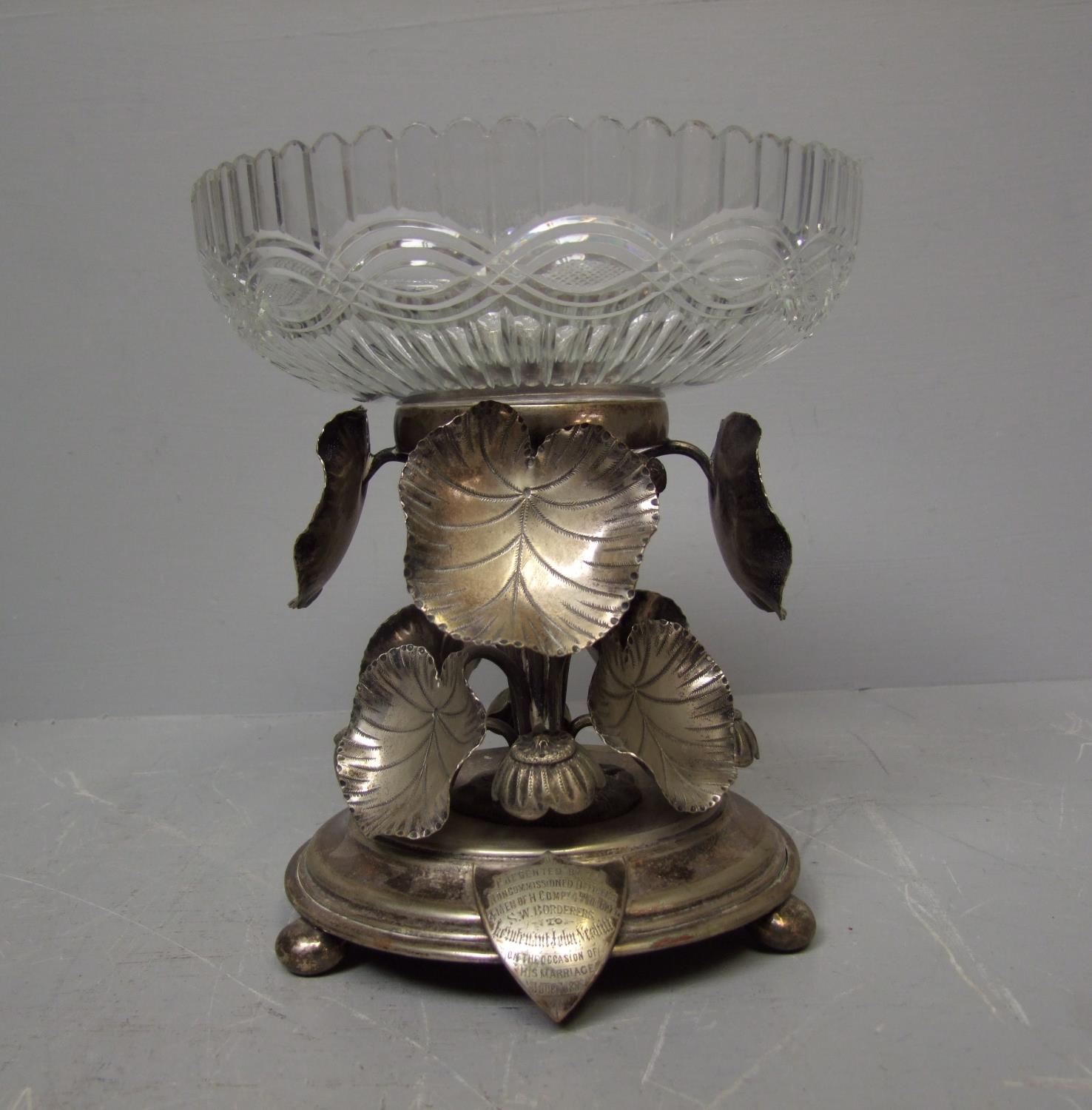 C19th Silver plated & cut glass centre piece with shield bearing inscription 26cm H