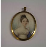 Victorian oval miniature of a young woman 1/2 length in white dress, blue shawl and a veil