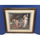 C19th colour print classical maiden with cymbal & 4 dancing girls 54 x 63 f&g