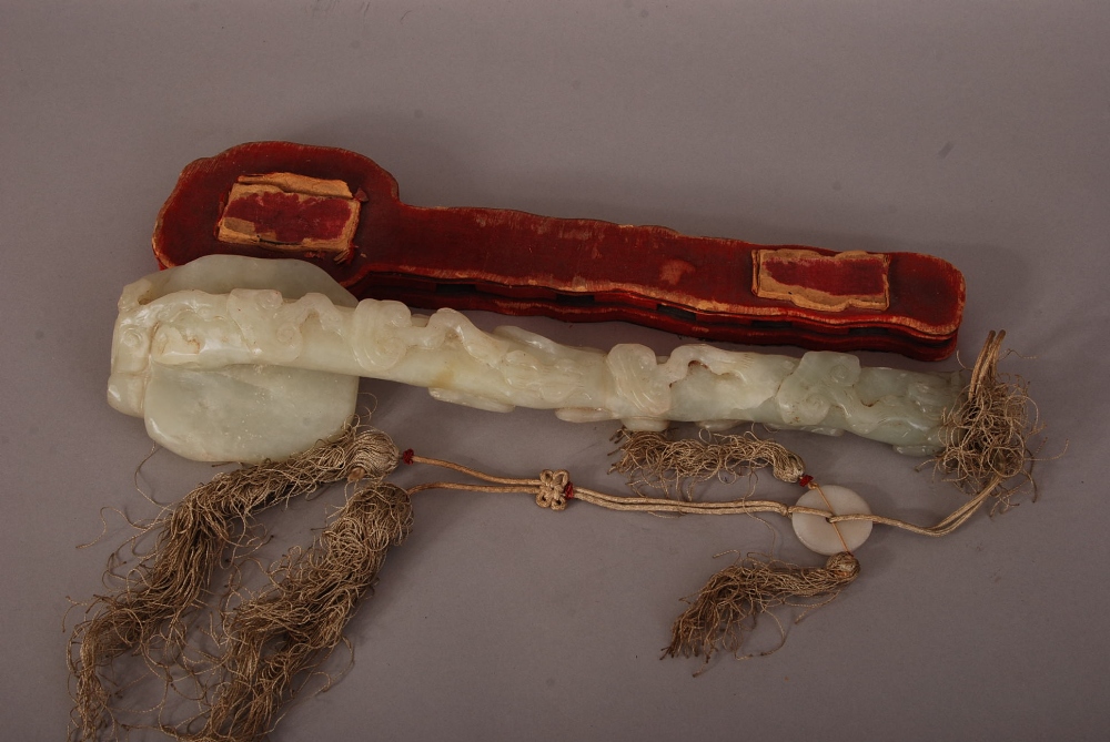 Chinese jade ruyi sceptre, the head carved as a large lingzhi by a bat, the long shaft carved with - Image 2 of 2