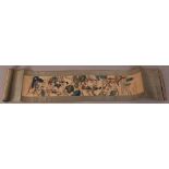 C19th Chinese silk Kesi hanging scroll, woven with boys at leisure accompanied by two ladies in a