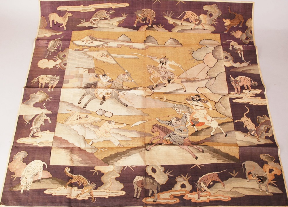 C19th Chinese silk Kesi panel, embroidered with warriors in a battle surrounded by a band of
