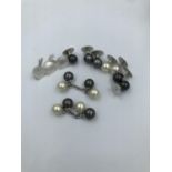 Set of black & white pearl dress studs in 9ct white gold with matching double sided cufflinks