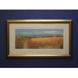 Gilt framed art print of a French landscape with cornfields & poppies 25.5x61cm