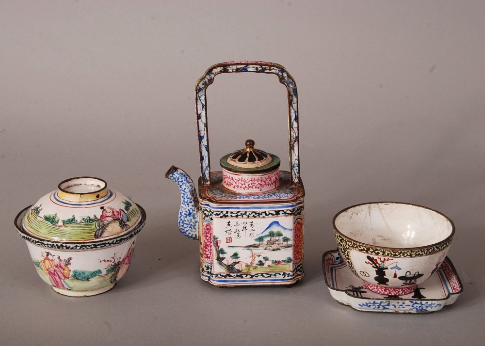 C18th Chinese 'Canton enamel' teapot and cover, with an upright overhead handle and decorated with
