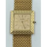 Boucheron 18ct gold watch, square gold face with black baton markers, sapphire combination crown