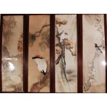 Set of four C20th Chinese silk embroidered panels, woven with birds and branches of flowers, framed,