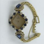 18ct Gold, sapphire & diamond cocktail watch by Montre Royal, gold square face with sapphire &