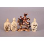 Group of three C19th Chinese ivory snuff bottles; together with a stained ivory group of a lady on