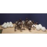 Large quantity of 5 branch chandeliers (x7) with white glass shades