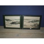 Pair of signed mixed method Japanese tranquil coastal scenes with sanpans 29x38.5cm