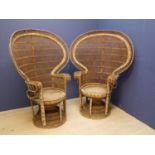 Pair of large unusual Edwardian cane and wicker balloon back chairs, with decorative wicker