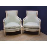 Pair cream painted tub chairs with green gingham upholstery