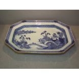 C18th Chinese blue & white octagonal deep dish decorated Pagoda in landscape 38x28cm Chips on rim