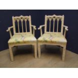 Pair cream painted chairs, with gothic arched shaped backs, and yellow floral upholstered seats