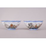 Pair of C20th Chinese eggshell famille rose bowls, painted with a continuous riverside landscape
