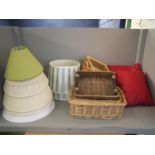 Quantity of baskets, lamps shades, cushions etc