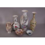 Group of six Chinese porcelain items, comprising four vases, a famille rose bowl and a blue and