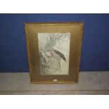 Gilt framed Japanese woodcut study of a falcon & prey 44.5x28cm
