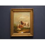 Gilt framed oil painting of a pastural scene with cattle & sheep 40x39.5cm