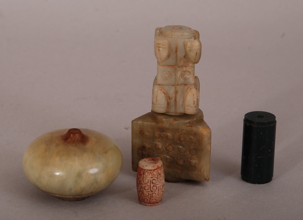 Two Chinese jade miniature vases; together with a jade pot 5.8cm diam, a jade tubular bead and an