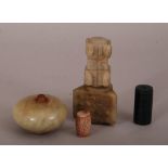 Two Chinese jade miniature vases; together with a jade pot 5.8cm diam, a jade tubular bead and an