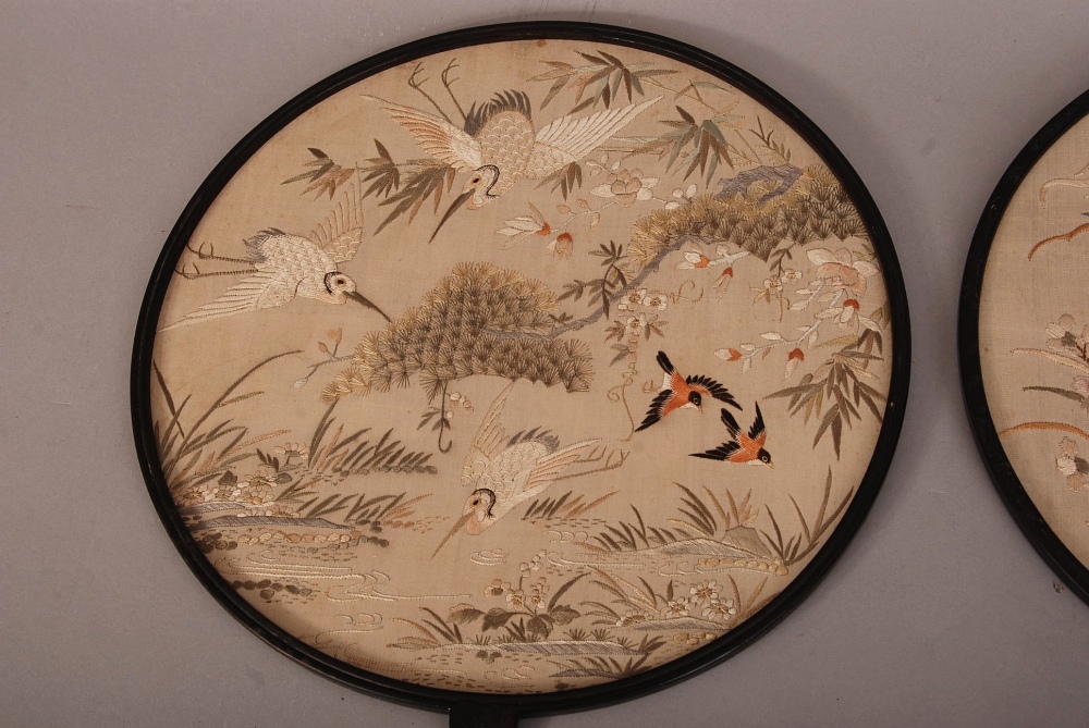 Two C19th Chinese silk circular fans, each mounted in a lacquered-wood frame with handle, one - Image 2 of 6