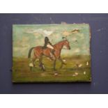Oil on canvas, distressed portrait of man on horseback signed AJ Munnings inscription on verso Me