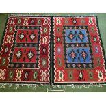 2 Kelim rugs in red, black & green 230x153cm
