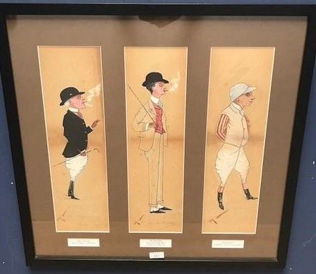 Early C20th watercolour & pen caricature drawing of 3 horse racing characters