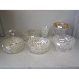 Glass champagne bucket, 6 cut glass bowls (various sizes), large modern glass bowl & 5 small bowls