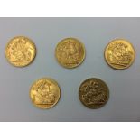 5 George V gold sovereigns, 1912, 1917, 1926, 1927, 1928; 39.5g