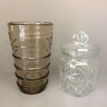 Whitefriars glass, tall ribbed vase C1960 26.5cmH & large lead crystal cut glass jar C20th 24cmH