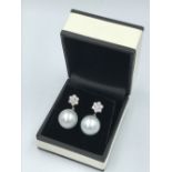 Pair 18ct white gold freshwater pearl & diamond drop earrings