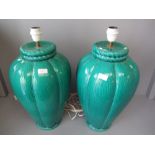 Pair of large green bulbous shaped lamps 56H cm