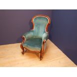 Victorian balloon back armchair upholstered in blue velvet