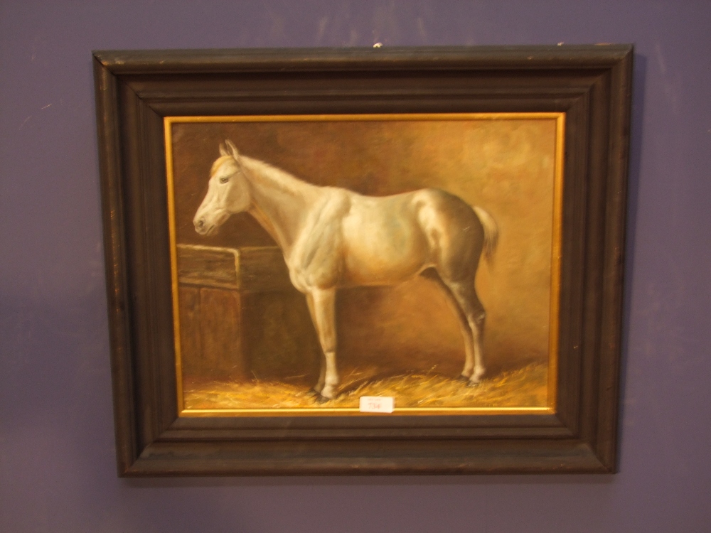 Ebonized framed oil painting study of a grey horse in a stable 30x39cm