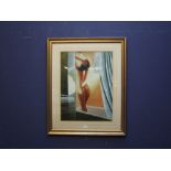 Modern school framed oil painting of a nude female taking a shower signed 60x44cm