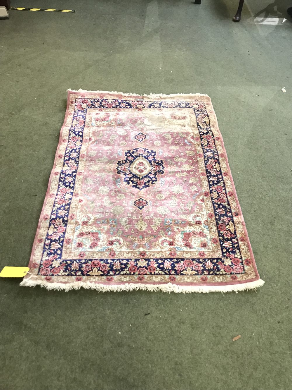 Rug with pink & blue borders, blue central medallion with flowers 150x100cm