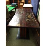 Chinese lacquered gilded 4 fold door screen, with carved fretwork & bamboo panels, 2 as a table